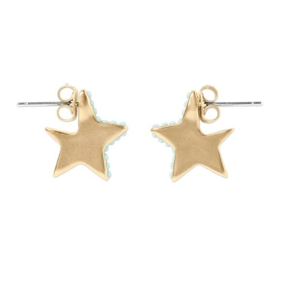 Lucky Brand Gold Tone Turquoise Stone Edged Star Drop Earrings NWT - Picture 1 of 10
